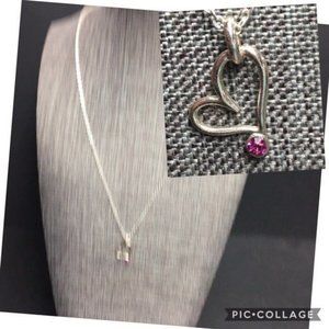 Swirly Heart Pendant Necklace Silver Chain Magenta Purple Pink Rhinestone